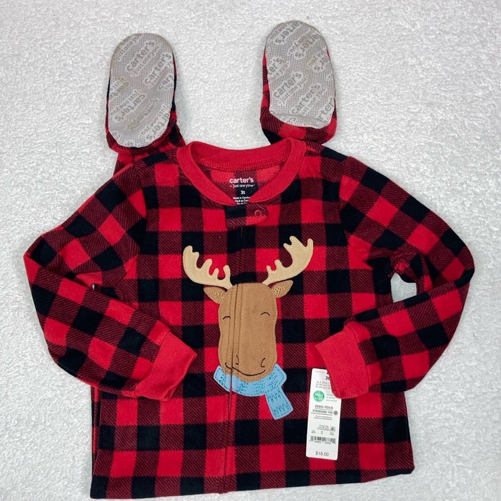 NWT carters Buffalo check red black moose fleece zip feetie footie pajamas 3t